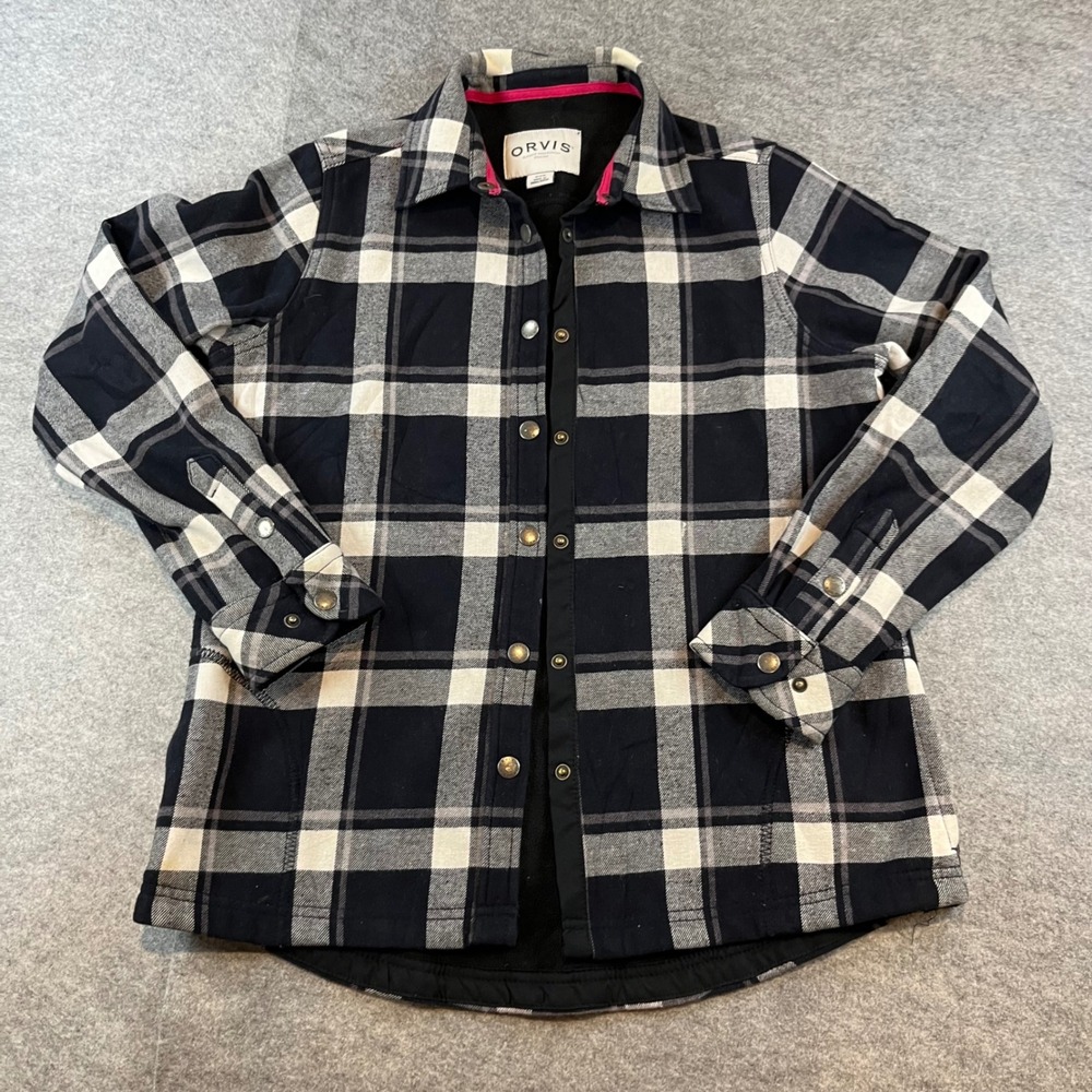 Orvis Womens Fleece Lined Flannel Shirt Jacket Black White Plaid Small Shacket